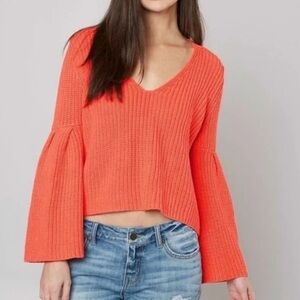 Free People Damsel Orange Bell Sleeve Knit Crop Sweater Size Small Boho Casual